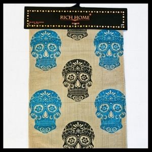 SUGAR SKULLS Day of the Dead Gothic Table Runner, Aqua/Black/Tan  14"x72" NEW!